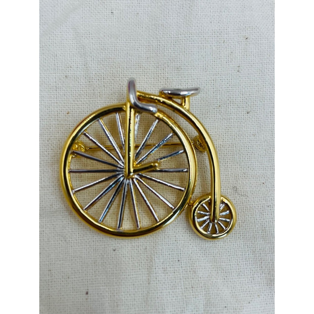 Vintage D'Orlan Penny Farthing Bicycle Brooch Two Tone Gold Silver Novelty Pin